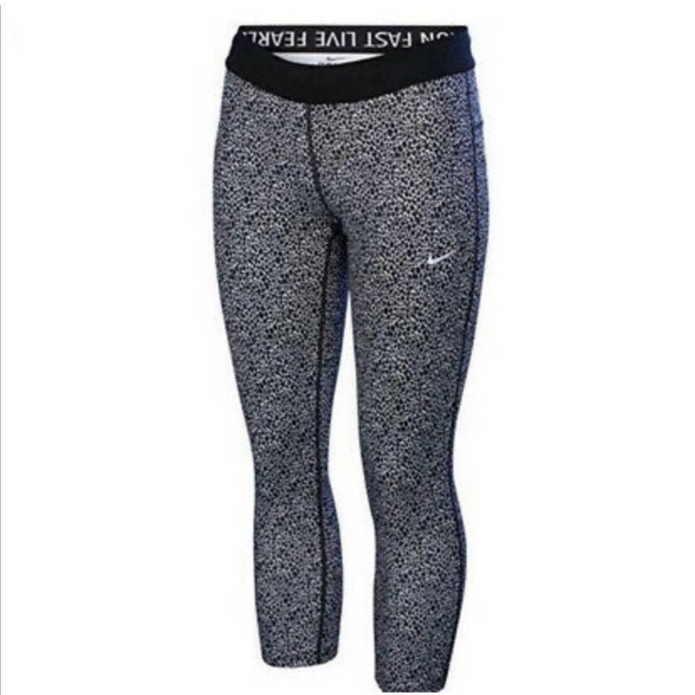 Nike Relay Dri Fit Capri Leggings, Black and White Animal Print, Size Medium
